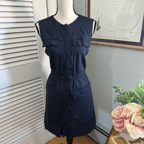 THEORY Womens Dress Medium  Navy Blue Sebiya Waist Linen Blend Minimalist - Picture 1 of 11
